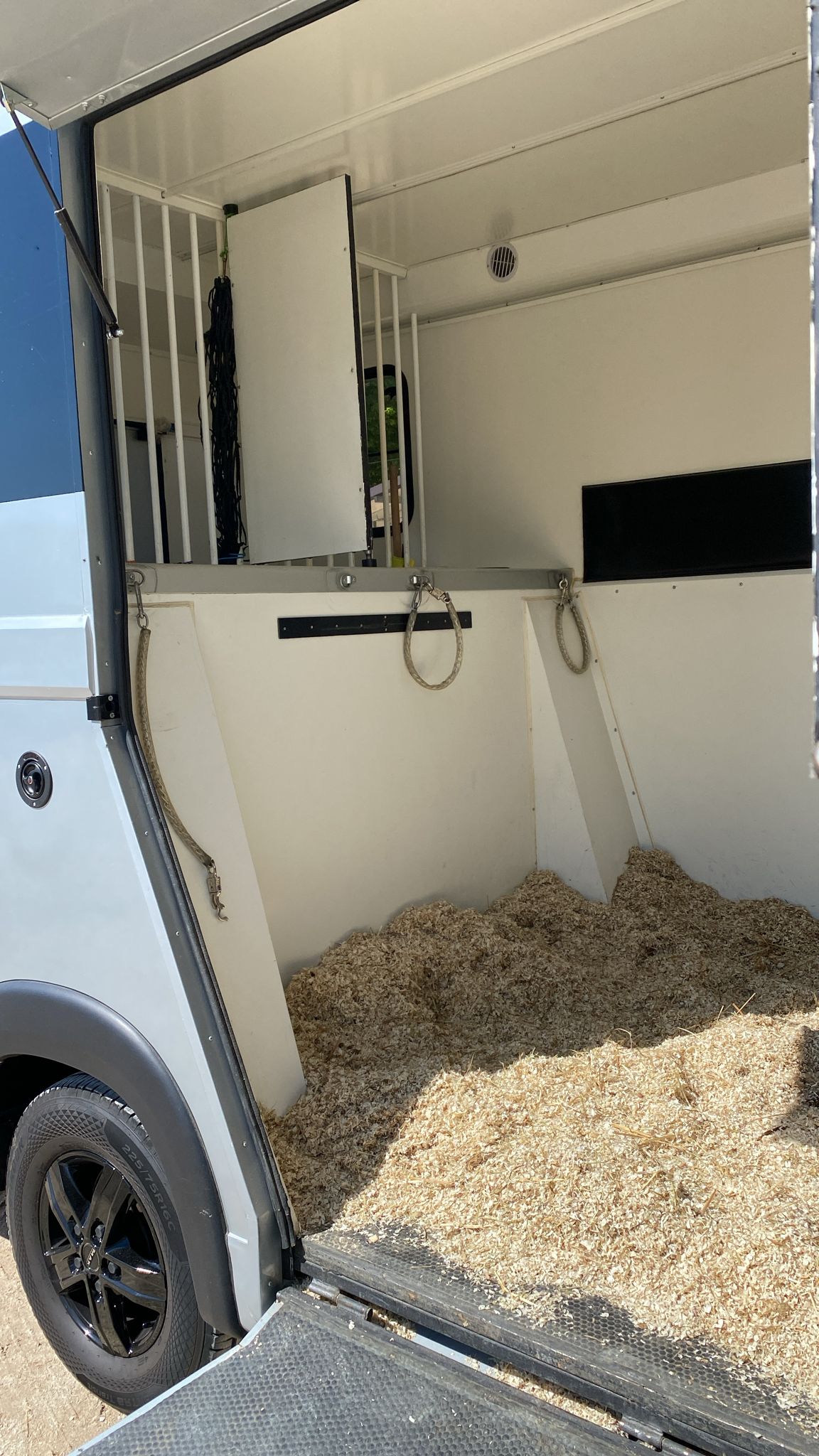 Interno allestimento furgone trasporto equini 2 posti con divisori a gabbia, rampa aperta e truciolo. Van cavalli in vendita 